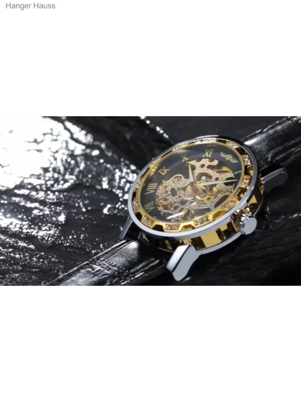Men's Skeleton Mechanical Watch with Diamond Crystal Carving Flower Dial and